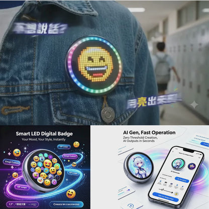 Daily Pin Badge | Smart LED Digital Badge | Cyber‑Style Wearable Pin with 6 Preset Emojis